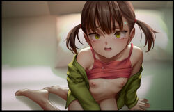 1girl after_rape as109 barefoot blush breasts brown_hair cum cum_in_mouth cum_on_body cum_on_clothes drooling facial feet flat_chest green_eyes green_jacket jacket loli looking_at_viewer mole mole_under_eye navel nipples open_clothes open_mouth original rape short_hair sitting small_breasts solo tears teeth twintails yokozuwari