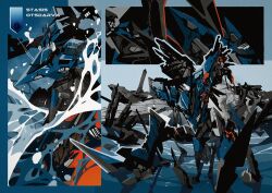 armored_core armored_core:_for_answer battle_damage character_name debris full_body gun holding holding_gun holding_weapon humanoid_robot kuroihato mecha mecha_focus missing_limb no_humans on_one_knee robot science_fiction shoulder_cannon stasis unsung upside-down water weapon