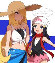 Rule 34 | 2girls, :d, age difference, bare shoulders, black eyes, black hair, black shirt, blonde hair, blue sarong, blush, brown hat, cynthia (pokemon), cynthia (summer 2025) (pokemon), dawn (pokemon), grey eyes, hair ornament, hair over one eye, hairclip, hat, highres, long hair, looking at another, midriff, multiple girls, navel, nintendo, nisanrei121, official alternate costume, open mouth, pink skirt, pokemon, pokemon dppt, pokemon masters ex, red scarf, sarong, scarf, shirt, skirt, sleeveless, sleeveless shirt, smile, sun hat, very long hair, white hat