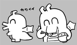 ^_^ bkub bowl chopsticks closed_eyes commentary_request dragon grey_background holding holding_bowl holding_chopsticks no_humans open_mouth rice rice_bowl simple_background spiked_tail suki_na_souzai_happyou_dragon_(utau) tail utau