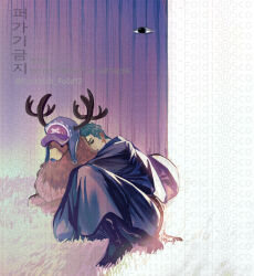 1girl 2boys alternate_form antlers blue_hood blue_nose boots closed_eyes commentary cross disembodied_eye extra_eyes green_hair hana_hana_no_mi hat hood horns hug multiple_boys nico_robin one_piece pink_hat reindeer_antlers roronoa_zoro scottish_fold12 short_hair sleeping tony_tony_chopper twitter_username
