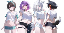 4girls :d absurdres ahoge alternate_costume animal_ear_fluff animal_ear_piercing animal_ears aqua_eyes aqua_nails arm_behind_back ass bandaid bandaid_on_hand bandaid_on_stomach bibi_(tokoyami_towa) black_hair black_shorts blue_eyes bob_cut bow_hairband bracelet braid breasts choker commentary crop_top cropped_shirt cross cross_earrings demon_girl demon_tail dolphin_shorts ear_piercing earrings english_commentary fang fox_ears fox_girl fox_tail from_behind from_side green_eyes green_nails green_shorts grin groin hair_between_eyes hair_ornament hairband hairclip hand_up heart heart_o-ring highres hololive jewelry kkato leg_tattoo looking_at_viewer looking_back midriff multicolored_hair multicolored_nails multiple_girls nail_polish navel navel_piercing o-ring o-ring_thigh_strap official_alternate_hair_length official_alternate_hairstyle ookami_mio oozora_subaru open_mouth parted_bangs pentagram piercing pink_hair pink_nails pointy_ears purple_hair red_choker red_hair shirakami_fubuki shirt short_hair short_shorts short_sleeves shorts side_braid simple_background single_braid skin_fang smile stomach streaked_hair subaru_duck t-shirt tail tail_raised tattoo teeth thigh_strap tokoyami_towa upper_teeth_only virtual_youtuber white_background white_hair white_shirt white_shorts wolf_ears wolf_girl wolf_tail x_hair_ornament yellow_eyes