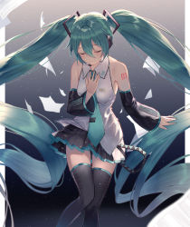1girl aqua_hair aqua_nails aqua_necktie arl arm_at_side backlighting bare_shoulders bent_over black_skirt black_thighhighs blurry border breasts closed_eyes closed_mouth clothes_lift collared_shirt dark_background depth_of_field detached_sleeves facing_viewer feet_out_of_frame fingernails floating_hair gradient_background grey_background hair_between_eyes hand_on_own_chest hand_up happy hatsune_miku headset highres knees_together_feet_apart light_blush light_particles light_smile long_hair nail_polish necktie no_nose number_tattoo paper pleated_skirt shirt shoulder_tattoo simple_background skirt skirt_lift sleeveless sleeveless_shirt small_breasts solo musical_staff standing tattoo thigh_gap thighhighs twintails very_long_hair vocaloid white_border white_shirt zettai_ryouiki