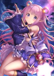 Rule 34 | 1girl, bare shoulders, blush, boots, bow, closed mouth, commentary request, detached sleeves, dress, female focus, fingernails, frilled sleeves, frills, hair ornament, hair rings, hatsune (princess connect!), holding, holding staff, knee boots, long hair, long sleeves, pink hair, pointy ears, princess connect!, purple boots, purple bow, purple dress, purple eyes, sky, sleeveless, sleeveless dress, sleeves past wrists, smile, solo, split mouth, staff, star (sky), star (symbol), star hair ornament, starry sky, two side up, very long hair, wide sleeves, yuririn poi