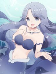 1girl absurdres bare_shoulders bikini blue_eyes blue_hair breasts cleavage collarbone hand_on_own_chest highres jewelry large_breasts long_hair looking_at_viewer mermaid_melody_pichi_pichi_pitch midriff navel necklace noel_(mermaid_melody_pichi_pichi_pitch) oonkyi shell shell_bikini shell_necklace smile solo swimsuit underwater