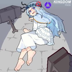 1girl absurdres anger_vein barefoot blue_eyes blue_hair elden_ring elden_ring_nightreign feet highres kingdom_(user_ysav4824) long_hair looking_at_viewer lying on_side open_mouth pixel_art revenant_(elden_ring) soles toes
