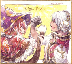 Rule 34 | 2boys, bow, brown coat, capelet, coat, commentary request, crescent, crescent hat ornament, dated, fur-trimmed capelet, fur trim, gloves, grey gloves, hair bow, hat, hat ornament, headphones, high priest (ragnarok online), high wizard (ragnarok online), layered clothes, locked arms, long hair, long sleeves, looking at another, male focus, multiple boys, open mouth, ponytail, print headwear, purple eyes, purple headwear, ragnarok online, ragnarok origin, red capelet, red coat, red eyes, red hair, shikishi, short hair, signature, smile, star (symbol), star print, tan, tokio (okt0w0), traditional media, upper body, white background, white coat, white gloves, white hair, witch hat