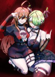 2girls absurdres ahoge antler_ornament antler_ribbon antlers arm_up armpit_crease asymmetrical_docking belt black_background black_belt black_bow black_choker black_dress black_eyeliner black_hair black_nails black_shirt black_skirt black_sleeves black_sweater bow branch breast_press breasts brown_hair ceres_fauna ceres_fauna_(goth) chest_harness choker cleavage crinoline curvy dark_background detached_sleeves dress ear_piercing earrings emo_fashion erasorpepero eyelashes eyeliner flower frilled_dress frills goth_fashion green_hair hair_between_eyes hair_flower hair_ornament hair_over_one_eye hairclip harness heart heart_choker heart_o-ring heart_ring_choker highres hololive hololive_english horn_bow horn_ornament horns huge_ahoge jewelry lace-trimmed_choker lace-trimmed_sleeves lace_sleeves lace_trim large_breasts long_hair long_sleeves looking_at_viewer makeup medium_breasts multicolored_hair multiple_girls nail_polish nanashi_mumei nanashi_mumei_(emo) nightmare_(nanashi_mumei) o-ring o-ring_choker o-ring_garter_belt o-ring_harness o-ring_legwear_garter o-ring_strap o-ring_thigh_strap official_alternate_costume official_alternate_hairstyle parted_lips piercing pleated_dress pleated_skirt punk red_nails red_skirt red_sweater shirt shirt_tucked_in short_hair short_sleeves single_fishnet_legwear skirt sleeveless sleeveless_dress smile spiked_ear_piercing strap streaked_hair striped_clothes striped_sweater sweater sweater_under_shirt thick_thighs thigh_strap thighhighs thighs tongue tongue_out tree_horns two-tone_sweater unworn_hair_ornament unworn_hairclip virtual_youtuber white_hair yellow_eyes