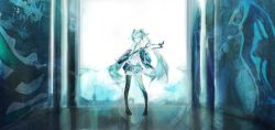 1girl aqua_eyes aqua_hair aqua_necktie backlighting black_sleeves boots detached_sleeves full_body guitar hair_between_eyes hair_ornament hatsune_miku hatsune_miku_(nt) headphones headset highres holding holding_instrument instrument long_hair looking_at_viewer necktie pleated_skirt skirt sleeveless smile solo thigh_boots thighhighs twintails very_long_hair vocaloid wide_shot yyb zettai_ryouiki