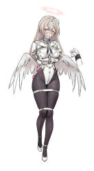 Rule 34 | 1girl, absurdres, ball gag, bdsm, black neckerchief, black pantyhose, blonde hair, blue archive, blush, bondage, bound, breasts, collar, commentary request, crotch rope, gag, gagged, halo, harness, high heels, highres, kumachi (aikawaakeya), large breasts, leash, leotard, long hair, looking at viewer, low wings, nagisa (blue archive), neckerchief, nipple piercing, pantyhose, piercing, restrained, sailor collar, shibari, shibari over clothes, skindentation, slave, solo, standing, standing on one leg, straitjacket, very long hair, white leotard, wings