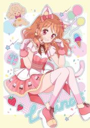 1girl aikatsu! aikatsu!_(series) animal_ears balloon box braid breasts brown_hair cat_day cat_ears cat_tail crown_braid dress fake_animal_ears fake_tail food fruit gift gift_box gloves medium_breasts ozora_akari otter pink_eyes platform_sneakers ribbon solo strawberry tail thighhighs ukke