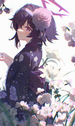 1girl absurdres blue_archive blush closed_mouth floral_print floral_print_kimono flower hair_between_eyes hairband haruka_(blue_archive) haruka_(new_year)_(blue_archive) highres holding holding_flower japanese_clothes kimono looking_at_viewer luoboji official_alternate_costume official_alternate_hairstyle pink_flower print_kimono purple_eyes purple_hair purple_hairband purple_kimono short_hair sidelocks smile solo