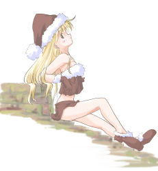 1990s_(style) 1girl akazukin_chacha bare_arms bare_legs bare_shoulders blonde_hair blush crop_top female_focus full_body fur-trimmed_gloves fur-trimmed_shoes fur_trim gloves hat knee_up long_hair looking_at_viewer looking_to_the_side magical_princess midriff miniskirt no_socks on_roof red_gloves red_shoes red_skirt retro_artstyle roof rooftop santa_costume santa_hat shoes simple_background sitting skirt solo strapless white_background