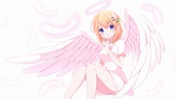 Rule 34 | 1girl, absurdres, angel, angel wings, bare legs, blush, brown hair, dress, eins 9, feathered wings, finger to mouth, flower, gochuumon wa usagi desu ka?, hair flower, hair ornament, halo, highres, hoto cocoa, long hair, pink flower, purple eyes, red ribbon, ribbon, short dress, shushing, sitting, smile, solo, sundress, very long hair, white background, white dress, white wings, wings