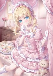 1girl blonde_hair blue_eyes blush book book_stack bow choker commentary commentary_request cup desk_lamp drawer dress english_commentary flower flower_pot food frilled_choker frilled_hairband frills gloves hair_between_eyes hairband hands_up highres indoors kohinata_hoshimi lamp lolita_fashion long_hair looking_at_viewer macaron mixed-language_commentary original painting_(object) partial_commentary pink_bow pink_dress pink_flower saucer signature sitting solo stuffed_animal stuffed_toy teacup teapot teddy_bear white_gloves