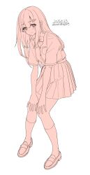1girl absurdres bow breasts closed_mouth collared_shirt highres kneehighs long_hair looking_at_viewer monochrome open_mouth original pleated_skirt school_uniform shirt short_sleeves simple_background skirt smile socks solo unasaka_ryou white_background