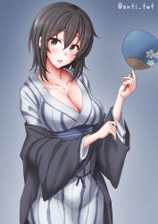 Rule 34 | 1girl, akitsu maru (kancolle), alternate costume, anti (untea9), black eyes, black hair, blush, breasts, gradient background, grey background, hand fan, haori, highres, japanese clothes, kantai collection, kimono, large breasts, long hair, long sleeves, looking at viewer, obi, paper fan, sash, short hair, smile, solo, striped clothes, striped kimono, twitter username, white kimono