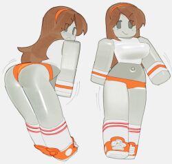 1girl ass breasts brown_hair crop_top freckles from_behind highres long_hair looking_at_viewer navel orange_panties orange_shoes panties roblox shoes simple_background socks solo underwear wamudraws white_background