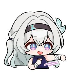 1girl alternate_costume bandages black_hairband blue_pupils blue_shirt chibi cleavage_cutout clothing_cutout firefly_(honkai:_star_rail) grey_hair hairband highres honkai:_star_rail honkai_(series) long_hair makinomaki108 one_side_up punching purple_eyes shirt sleeveless sleeveless_shirt solo upper_body wrist_wrap