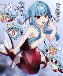 ! 2boys blue_hair chibi commentary_request fang fins gift head_fins highres long_hair long_sidelocks manekinekoko777 merman monster_boy multicolored_eyes multiple_boys nude open_mouth original red_eyes sidelocks tongue tongue_out translation_request two-tone_eyes underwater