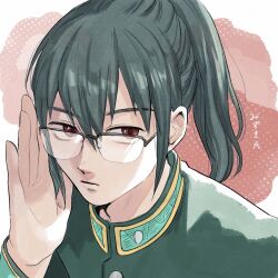 brown_eyes closed_mouth collared_jacket glasses green_hair green_jacket hand_up highres jacket long_hair long_sleeves looking_at_viewer mizuki_saku ponytail serious shirt white_background white_shirt wind_breaker_(nii_satoru) yurugi_m