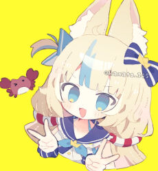 &gt;_o 1girl :3 animal_ear_fluff animal_ears blonde_hair blue_bow blue_eyes blue_hair blue_sailor_collar blush bow cat_ears commentary crab cropped_shoulders double_v dress hair_bow indie_virtual_youtuber kanamochi_kanato lifebuoy_hair_ornament looking_at_viewer multicolored_hair one_eye_closed one_side_up open_mouth sailor_collar sameko_saba scrunchie simple_background smile solo streaked_hair twintails v virtual_youtuber white_dress wrist_scrunchie yellow_background