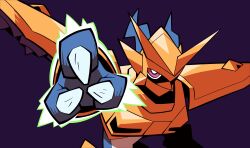 absurdres armor aura blue_horns blue_skin breastplate bright_pupils claws close-up colored_skin digimon digimon_(creature) fake_horns fewer_digits gold_armor gold_helmet gold_mask hand_up helmet highres horned_helmet horns looking_at_viewer magnamon mask multicolored_skin outstretched_hand pauldrons powering_up purple_background reaching reaching_towards_viewer red_eyes shoulder_armor simple_background solo tillo_(digitaltillo) two-tone_skin upper_body white_pupils white_skin