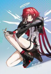 1girl absurdres arknights black_gloves black_jacket black_shorts closed_mouth detached_wings exusiai_(arknights) fingerless_gloves gloves halo highres jacket jiuxiaoshi looking_at_viewer medium_hair red_hair shirt shorts smile solo white_halo white_shirt white_wings wings