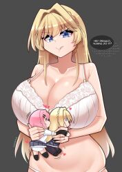 1girl amaori_renako blonde_hair blue_eyes bra breasts character_doll doll hair_intakes heart highres huge_breasts licking_lips matoiyan ouzuka_mai panties smile speech_bubble stomach thought_bubble tongue tongue_out underwear watashi_ga_koibito_ni_nareru_wake_naijan_murimuri! white_panties