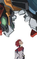 1girl 1other amate_yuzuriha aqua_eyes bodysuit breasts commentary_request gquuuuuux green_eyes gundam gundam_gquuuuuux highres m_manjyu mecha mecha_pilot_suit mobile_suit multicolored_bodysuit normal_suit_(gundam) open_mouth red_hair robot science_fiction short_hair simple_background teeth v-fin white_background