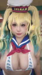 1girl animated asian audible_music blonde_hair breasts chouzuki_maryou cosplay female_focus highres lipstick makeup nitroplus photo_(medium) plump real_life solo sound super_pochaco super_pochaco_(cosplay) tagme thick_thighs thighs video
