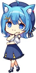 :3 ahoge animal_ear_fluff animal_ear_piercing animal_ears beret black_shoes blue_eyes blue_hair blue_hat blue_skirt blush chibi chibi_only closed_mouth clothing_cutout dog_ears dog_girl earrings full_body hair_ornament hat heart heart_earrings jewelry medium_hair nanashi_inc. shirt shoes short_sleeves shoulder_cutout single_earring skirt smile socks souya_ichika souya_ichika_(5th_costume) usaba_(usabara_c) virtual_youtuber watch white_shirt white_socks wristwatch x_hair_ornament