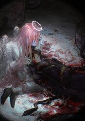 2boys angel angel_wings black_coat black_hair black_shoes blood blood_on_clothes blood_on_face blood_on_ground closed_mouth coat commentary grey_shirt halo hand_on_another&#039;s_head hatsutori_hajime highres indoors long_hair lying male_focus multiple_boys on_back pants pink_hair saibou_shinkyoku shirt shoes short_hair sitting sputniklover-1 symbol-only_commentary utsugi_noriyuki very_long_hair white_pants white_shirt white_wings wings