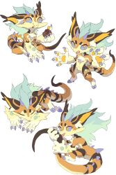1other a-pose absurdres animal_ear_fluff animal_ears animal_hands body_markings brown_fur claws colored_sclera creature creature_focus eating full_body furry green_hair highres hooves horns large_ears multiple_views orange_fur original pawpads purple_horns purple_sclera shina_ppp simple_background sketch sleeping snout spines tail tongue tongue_out white_background yellow_eyes