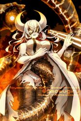 1girl abyssal_heavy_cruiser_water_princess abyssal_ship artist_name bare_shoulders bow bow_panties breasts character_name cleavage colored_inner_hair colored_skin commentary_request crossed_bangs double-parted_bangs dress elbow_gloves fang gloves highres horns kantai_collection large_breasts long_hair multicolored_hair open_mouth orange_hair oso_(toolate) panties solo teeth thigh_gap torn_clothes torn_dress torn_gloves twitter_username two-tone_hair underwear upper_teeth_only veins veiny_stomach watermark web_address white_dress white_gloves white_hair white_horns white_panties white_skin yellow_eyes