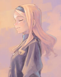 1girl aleksandra_i._pokryshkin black_hairband blonde_hair blue_hairband blue_shirt brave_witches buttons closed_eyes closed_mouth collared_shirt commentary_request from_side grey_jacket hairband high_collar highres jacket long_hair long_sidelocks long_sleeves parted_bangs profile shiratama_(hockey) shirt sidelocks sky smile solo two-tone_hairband upper_body wavy_hair world_witches_series