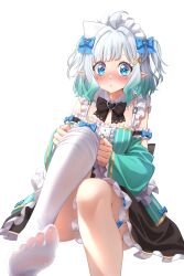 1girl :o absurdres apron aqua_dress aqua_sleeves backless_dress backless_outfit black_bow black_skirt blue_eyes blush bow center_frills commentary detached_sleeves dress embarrassed feet foot_out_of_frame foreshortening frilled_dress frilled_thighhighs frills gradient_hair green_hair grey_hair hair_ornament hairclip highres indie_virtual_youtuber invisible_chair knee_up large_bow looking_at_viewer maid maid_headdress miniskirt mint_fantome mint_fantome_(minto_2.0) multicolored_hair no_shoes parted_lips pointy_ears presenting_foot removing_thighhigh see-through_clothes see-through_thighhighs short_hair simple_background single_thighhigh sitting skirt skirt_under_dress sleeveless sleeveless_dress soles solo striped_clothes striped_dress symbol-only_commentary thighhighs toes triangular_headpiece two_side_up vertical-striped_clothes vertical-striped_dress virtual_youtuber vtuberfandrawperson5000 waist_apron wavy_hair white_apron white_background white_thighhighs x_hair_ornament