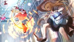 4girls aerial_battle apron architecture arms_up battle black_headwear black_skirt black_vest blonde_hair blurry bobby_socks bow braid broom broom_riding broom_surfing brown_bow brown_eyes brown_footwear brown_headwear buttons crystal danmaku depth_of_field fire flandre_scarlet flying footwear_bow four_of_a_kind_(touhou) frilled_skirt frills hair_between_eyes hair_bow hat hat_bow hat_ribbon highres holding indoors kirisame_marisa laevatein loafers long_hair long_sleeves looking_at_another magic_circle mini-hakkero miniskirt mob_cap multiple_girls open_mouth orange_eyes outstretched_arms pentagram pillar puffy_short_sleeves puffy_sleeves purple_bow red_eyes red_hair red_ribbon red_skirt red_vest ribbon shirt shoes short_hair short_sleeves side_braid skirt skirt_set smile socks teeth teraguchi touhou vest waist_apron white_bow white_headwear white_legwear white_shirt window wings witch_hat