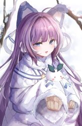 Rule 34 | 1girl, absurdres, ahoge, alternate costume, animal ears, azur lane, blue eyes, blurry, blurry background, boots, branch, coat, commentary, dress, duffel coat, earmuffs, fake animal ears, fur-trimmed coat, fur trim, highres, long hair, long sleeves, looking at viewer, open mouth, purple hair, sleeves past fingers, sleeves past wrists, snow, solo, suimo (suimodayo), sweater, sweater dress, symbol-only commentary, tashkent (azur lane), thighhighs, very long hair, white boots, white coat, wide sleeves, winter, winter clothes, zettai ryouiki