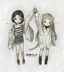 2girls animal_ears aqua_eyes arm_up black_eyes black_hair black_leg_warmers black_shoes blue_shorts buttons cat_ears cat_girl child closed_mouth collarbone denim denim_shorts full_body grabbing_another&#039;s_hand grey_background komenomoku leg_warmers long_hair multiple_girls open_clothes open_mouth open_shirt original shirt shoes short_hair shorts sleeves_past_wrists smile striped_clothes striped_shirt translation_request white_shirt