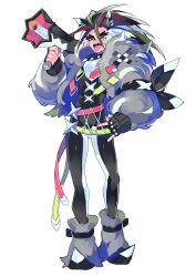 1other :p animal_ear_piercing animal_ears belt black_footwear black_gloves black_unitard blue_eyes coat colored_sclera cross-laced_clothes fingerless_gloves full_body fur_coat fur_leg_warmers gen_8_pokemon gloves gluteal_fold green_belt grey_leg_warmers hair_between_eyes hand_on_own_hip hand_up highres holding holding_megaphone humanization leg_warmers loose_belt makeup megaphone mohawk multiple_belts nintendo obstagoon open_clothes open_coat other_focus piercing pink_belt pointed_footwear pokemon red_sclera sharp_teeth shuriken simple_background solo spiked_hair standing studded_choker tachi-e teeth tongue tongue_out tongue_piercing two-tone_unitard unkempt upper_teeth_only weapon white_background white_unitard yasubaru