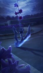 Rule 34 | blue theme, bush, commentary request, dutch angle, fate/grand order, fate (series), fleur-de-lis, flower, flower request, night, no humans, official art, outdoors, planted, purple flower, sakumamitsuro, sky, still life, third-party source, weapon focus