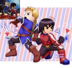 1boy 2boys armor belt black_eyes black_hair black_pants blonde_hair blue_eyes boots brown_footwear brown_gloves chibi dated fighting_stance fingerless_gloves frown full_body gloves highres holding male_focus mii_(nintendo) mii_brawler mii_swordfighter miitaku multiple_boys nintendo on_one_knee open_mouth pants photo-referenced short_hair super_smash_bros. sword weapon