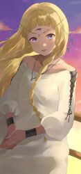 Rule 34 | 1girl, bare shoulders, blonde hair, blush, bracelet, braid, cloud, collarbone, commentary, dark-skinned female, dark skin, dress, eupha (metaphor: refantazio), fingernails, floating hair, highres, jewelry, konchi (63438789), long hair, looking at viewer, metaphor: refantazio, necklace, open mouth, outdoors, own hands together, purple eyes, sky, smile, solo, third eye, twilight, twin braids, white dress