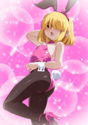 1girl animal_ears ass black_eyes black_pantyhose blonde_hair fake_animal_ears fake_tail high_heels highres jcm2 leotard loli lucy_loud pantyhose pink_background pink_leotard playboy_bunny rabbit_ears rabbit_tail solo stool tail the_loud_house