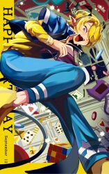 :d ahoge babyls_school_uniform blonde_hair card controller dated demon_tail english_text floating floating_object game_controller handheld_game_console happy_birthday highres holding holding_controller holding_game_controller indoors mairimashita!_iruma-kun male_focus night night_sky oniyurusan03 open_mouth playing_card pointy_ears poker_chip rubik&#039;s_cube school_uniform shax_lead shoes short_hair sky smile star_(sky) tail window yellow_shoes