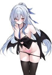 Rule 34 | 1girl, absurdres, alternate costume, bat wings, black corset, black gloves, black panties, black thighhighs, blush, breasts, cleavage, commentary, corset, elbow gloves, english commentary, fake wings, gloves, highres, honkai: star rail, honkai (series), jingliu (honkai: star rail), large breasts, leaning forward, long hair, miclipse, midriff, navel, panties, ponytail, pubic tattoo, red eyes, simple background, solo, tattoo, thighhighs, thighs, underwear, very long hair, white background, white hair, wings