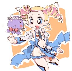 Rule 34 | 1girl, aoba anoa, aoba anoa (cosplay), black necktie, blonde hair, blue bow, blue dress, blue eyes, blush, bow, bowtie, cartoon network, cosplay, crossover, detached collar, detached sleeves, dress, drill hair, goutokuji miyako, hachimaki, hair ornament, hairclip, headband, k-nattoh, long hair, long sleeves, looking to the side, navel, necktie, octi, open mouth, otomedius, powerpuff girls, powerpuff girls z, puffy sleeves, red bow, red bowtie, see-through clothes, see-through skirt, skirt, sleeveless, sleeveless dress, smile, standing, stuffed animal, stuffed octopus, stuffed toy, twin drills, waist bow, white background