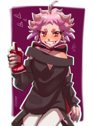ahoge artist_name black_shirt blood blood_bag blurry blush breasts choker cleavage detached_sleeves fangs grey_nails heart highres live_(mayonaka_punch) looking_at_viewer mayonaka_punch medium_hair pink_hair shirt spiked_hair standing vampire weewle31 yellow_eyes