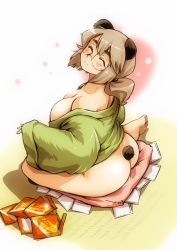 1girl ^_^ animal_ears ass bare_shoulders barefoot bear_ears bear_tail bottomless breasts brown_hair closed_eyes ez6 female_focus glasses happy huge_breasts japanese_clothes large_breasts plump sitting smile solo tail yokozuwari